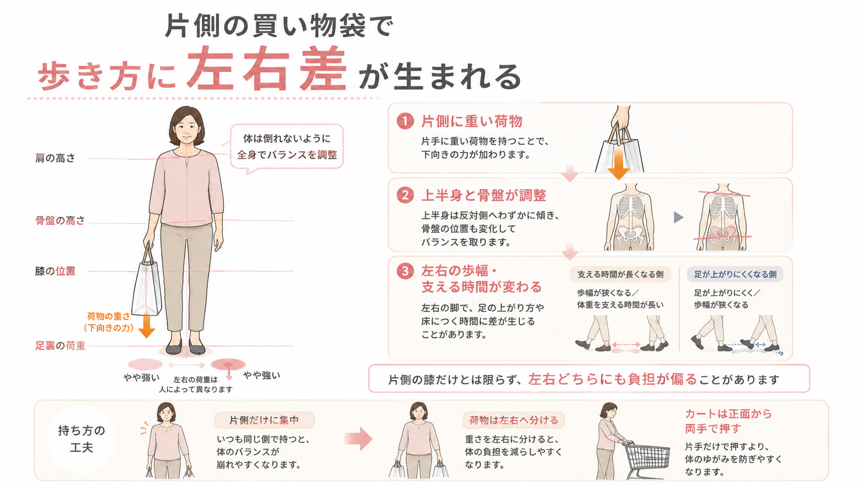 片手に重い買い物袋を持った女性の姿勢変化と、骨盤や歩幅の左右差が生まれる流れを示した図解