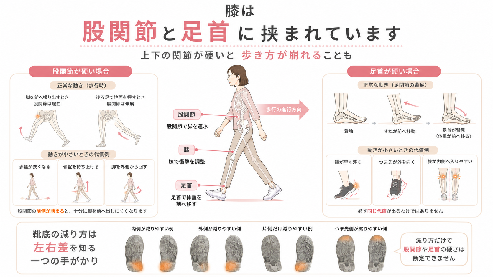 歩行中の股関節・膝・足首の連動と、股関節や足首が硬い場合の代償動作、靴底の摩耗例を示した図