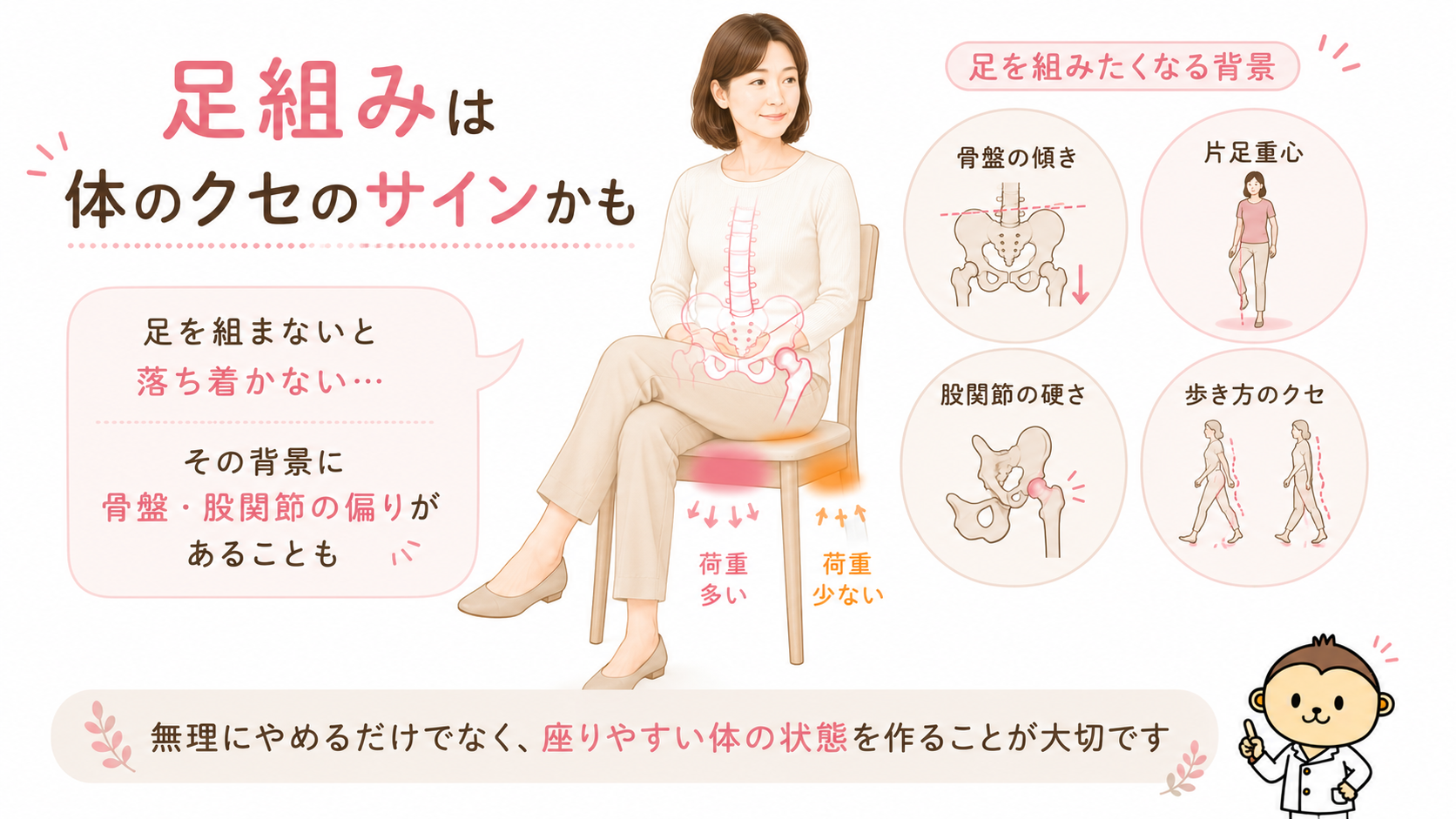 足組みをしたくなる背景として、骨盤の傾き、片足重心、股関節の硬さ、歩き方のクセを示した画像