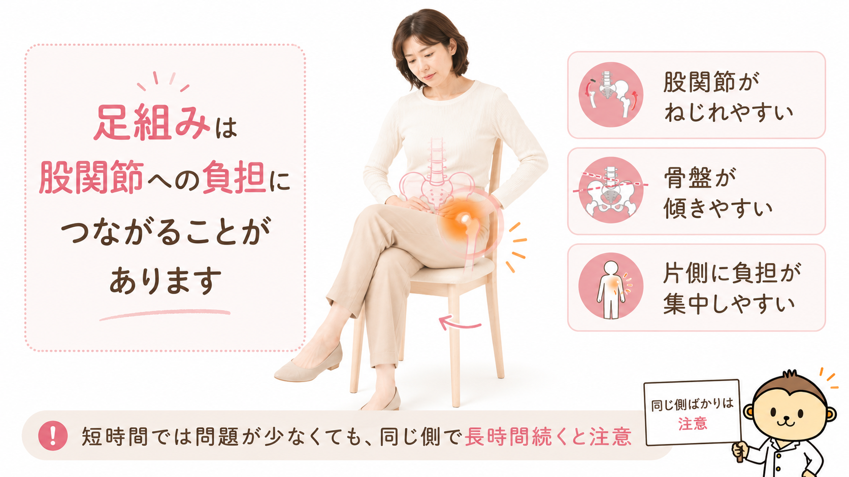 椅子で足を組む女性の股関節まわりを示し、股関節のねじれや骨盤の傾き、片側負担について解説した画像