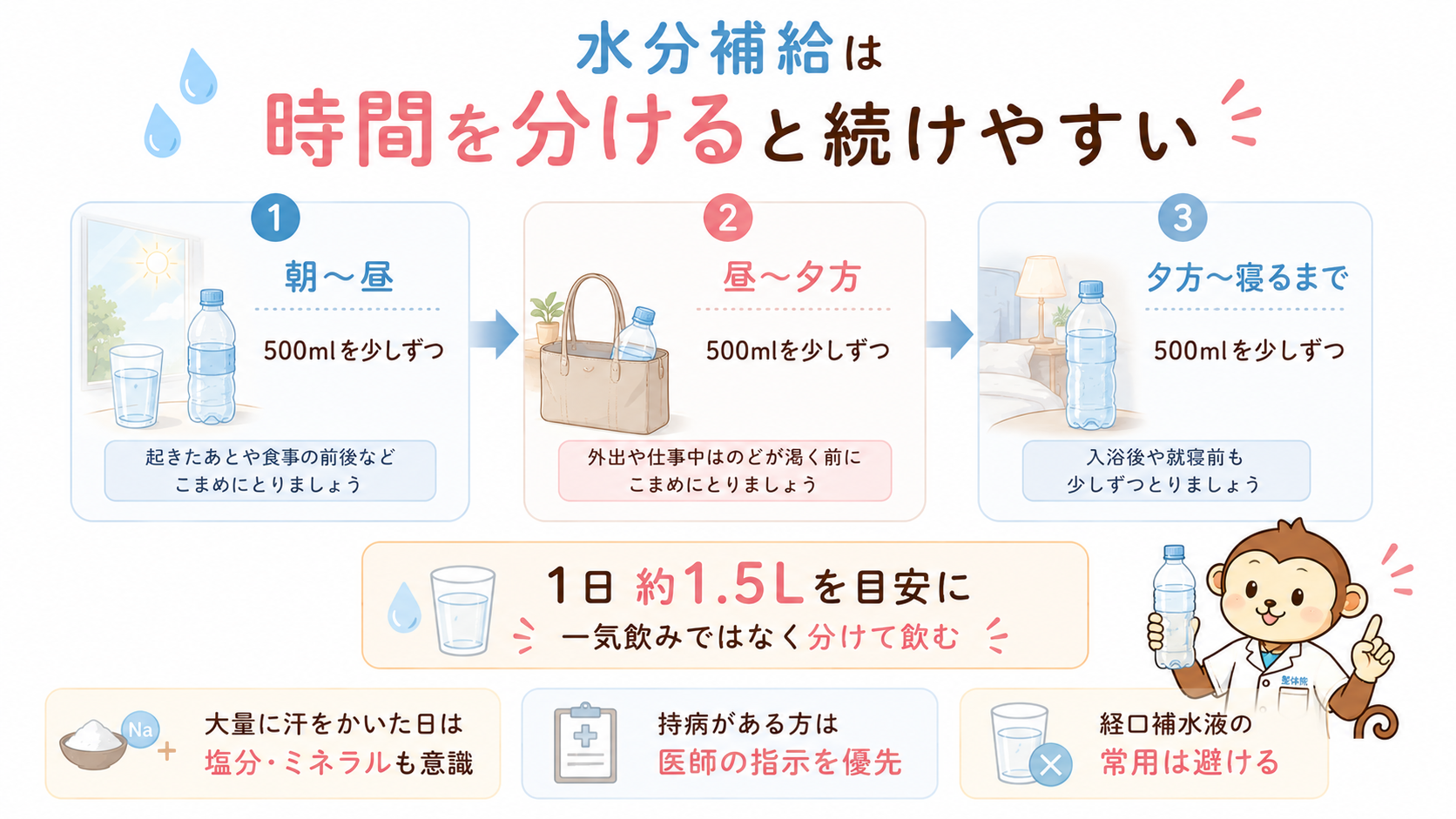 朝から昼、昼から夕方、夕方から寝るまでの3区間で500mlずつ水分補給する方法を示した画像