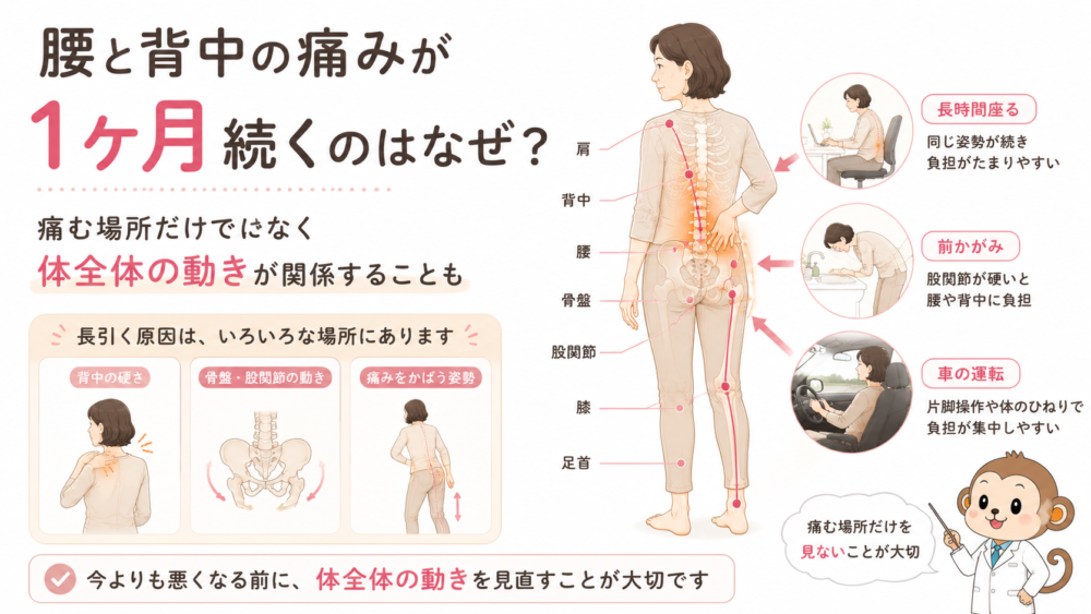 腰と背中の痛みが1ヶ月続くのはなぜ？長引く理由と原因について