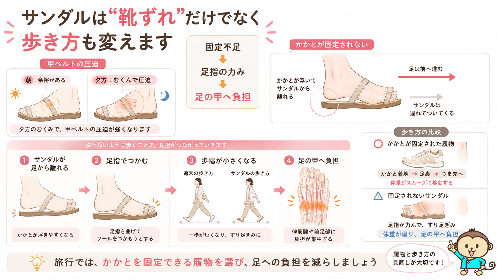 サンダルの甲ベルトによる圧迫とかかとの固定不足が、足指の力みや歩幅の低下、足の甲の負担につながる図