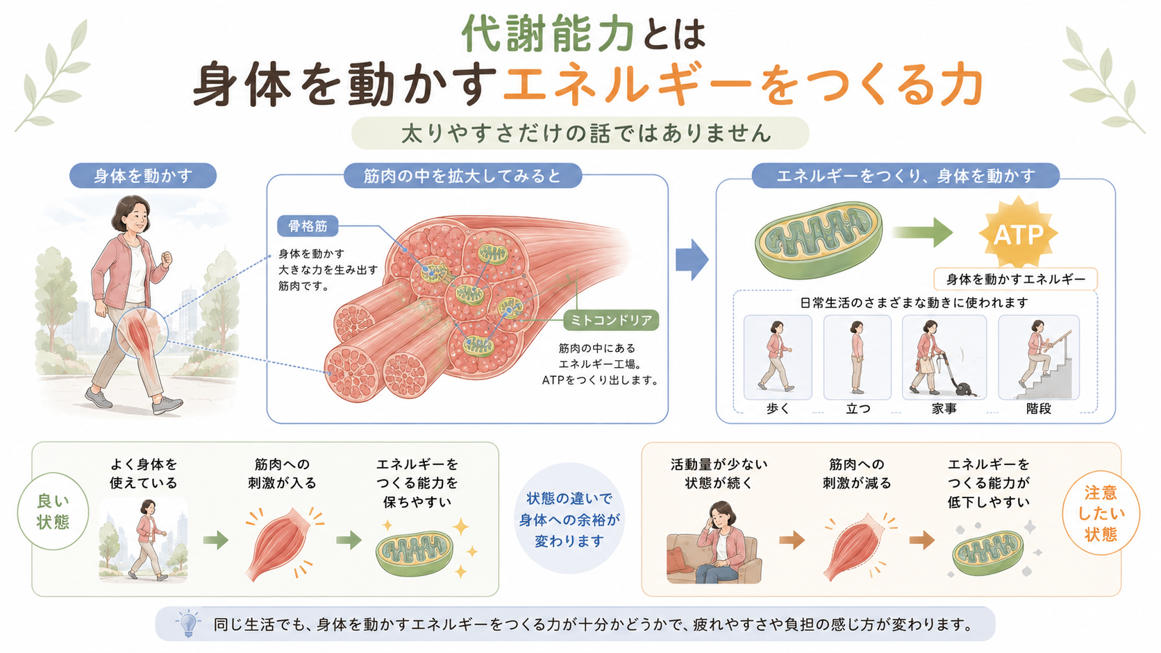 骨格筋のミトコンドリアがATPを産生し、歩行や立位など身体を動かすエネルギーに関わる仕組みの図