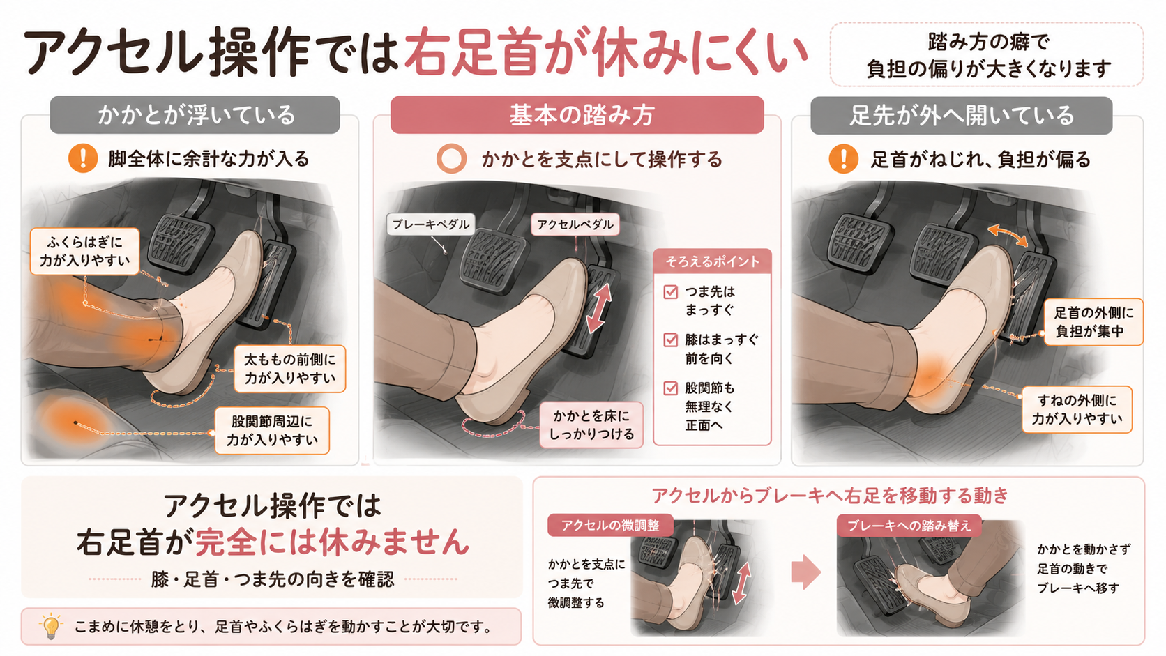 アクセルの基本的な踏み方と、かかとを浮かせる踏み方や足先を外へ開く踏み方による右足首への負担を比較した図