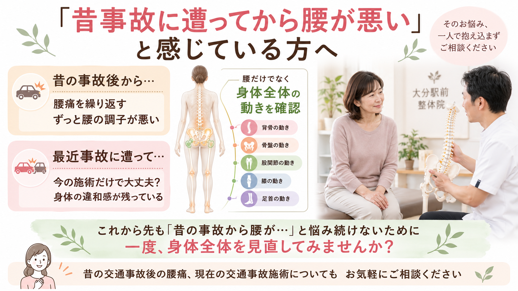 昔の交通事故後から腰痛を繰り返す女性が整体師へ相談し、腰だけでなく身体全体の動きを確認する様子
