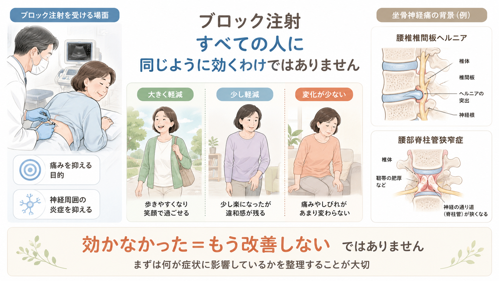 坐骨神経痛のブロック注射は効果に個人差があり、腰椎椎間板ヘルニアや脊柱管狭窄症など原因によって反応が異なることを示した図