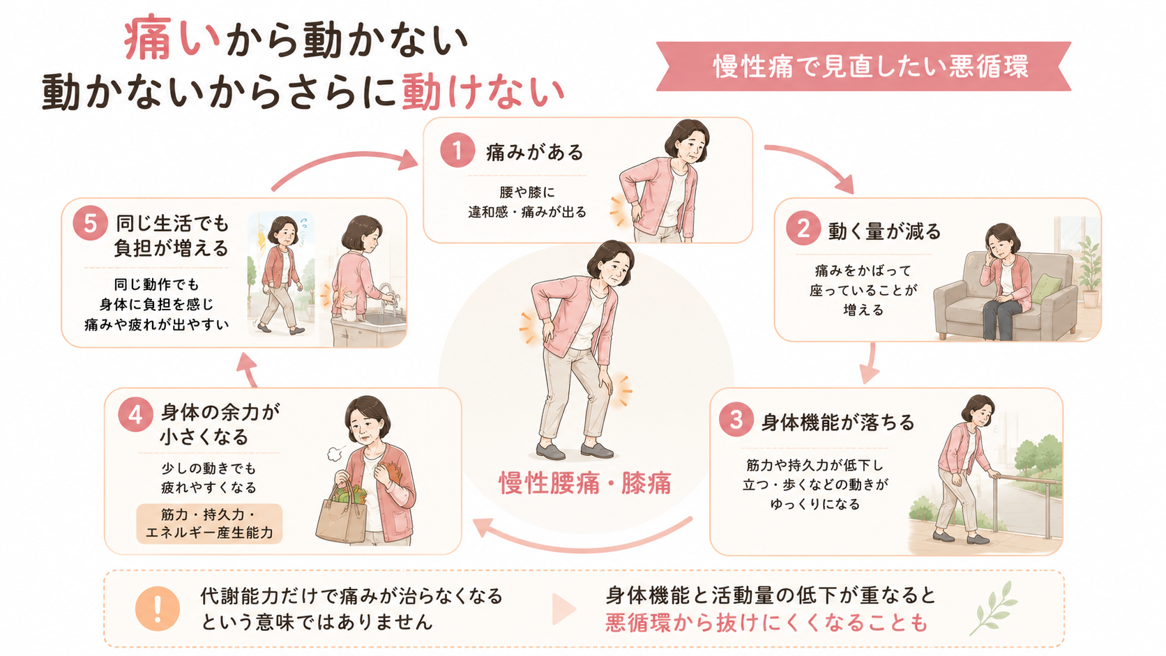 腰痛や膝痛から活動量と身体機能が低下し、同じ生活でも負担を感じやすくなる悪循環を示した図