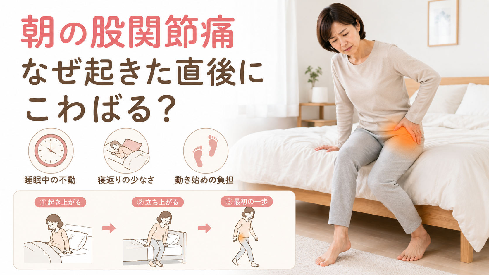 朝起きた直後に股関節のこわばりを感じ、ベッドの縁で足の付け根に手を添える女性と、起き上がりから最初の一歩までの流れを示した解説画像