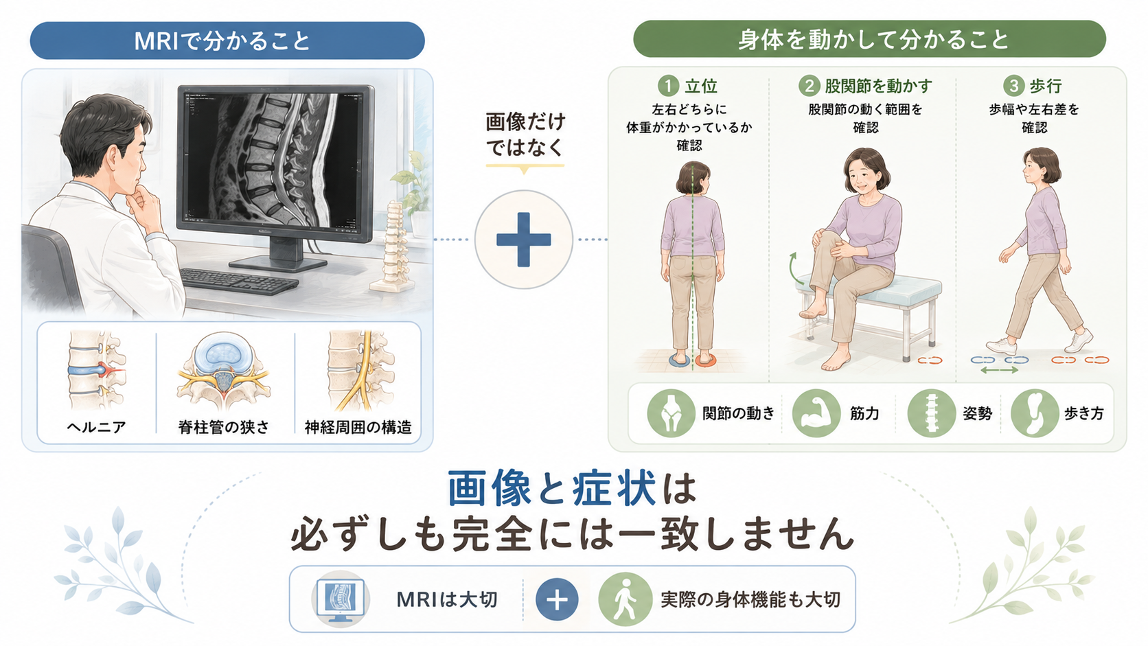 坐骨神経痛ではMRIによるヘルニアや脊柱管狭窄の確認に加え、関節の動きや筋力、姿勢、歩き方など身体機能の評価も大切であることを示した図
