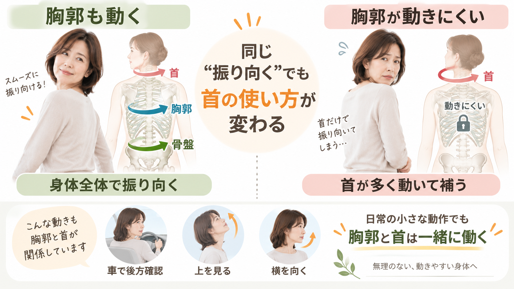 胸郭が動く場合と動きにくい場合で、振り向くときの首の動きが変わる様子を比較したイラスト