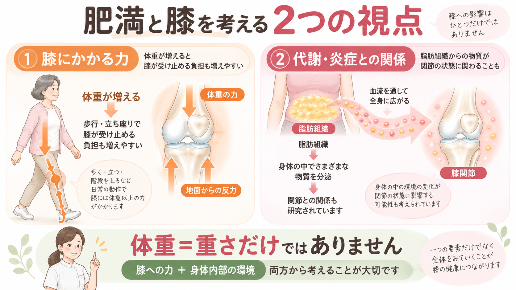 肥満と変形性膝関節症の関係を、膝にかかる物理的な力と脂肪組織による代謝や炎症との関係の2つの視点から説明した図