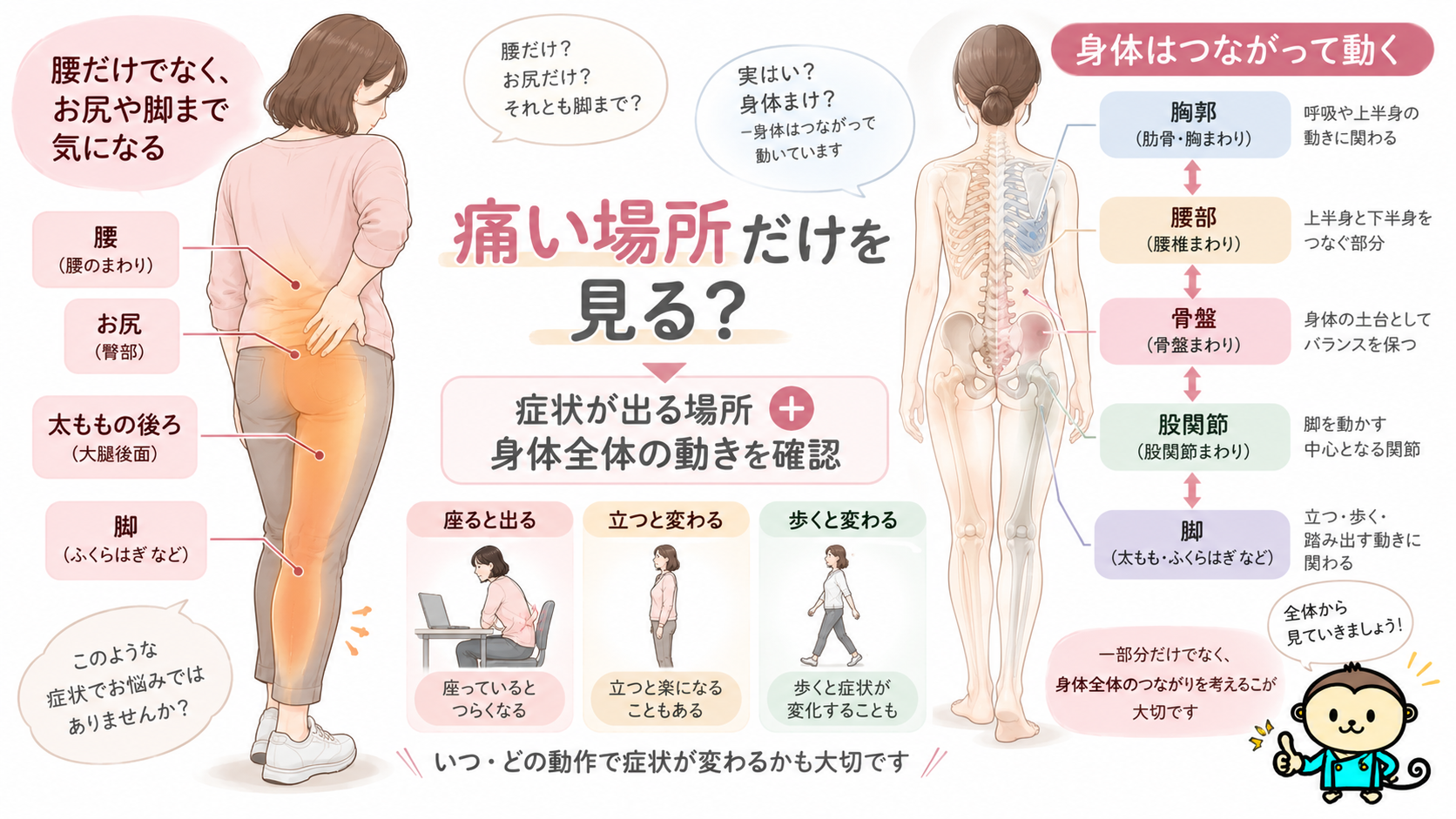 長時間運転で腰からお尻、太ももの後ろ、脚まで症状が出る場合に胸郭・腰部・骨盤・股関節・脚の動きを確認することを示した図