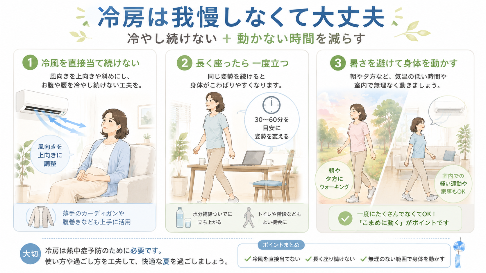 冷房の風を直接当てない、長時間座ったら立つ、暑さを避けて身体を動かす3つの腰痛対策を示したイラスト