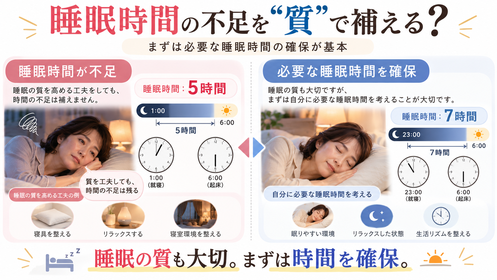 5時間睡眠と7時間睡眠を比較し、睡眠の質だけでなく必要な睡眠時間の確保が大切であることを示すイラスト