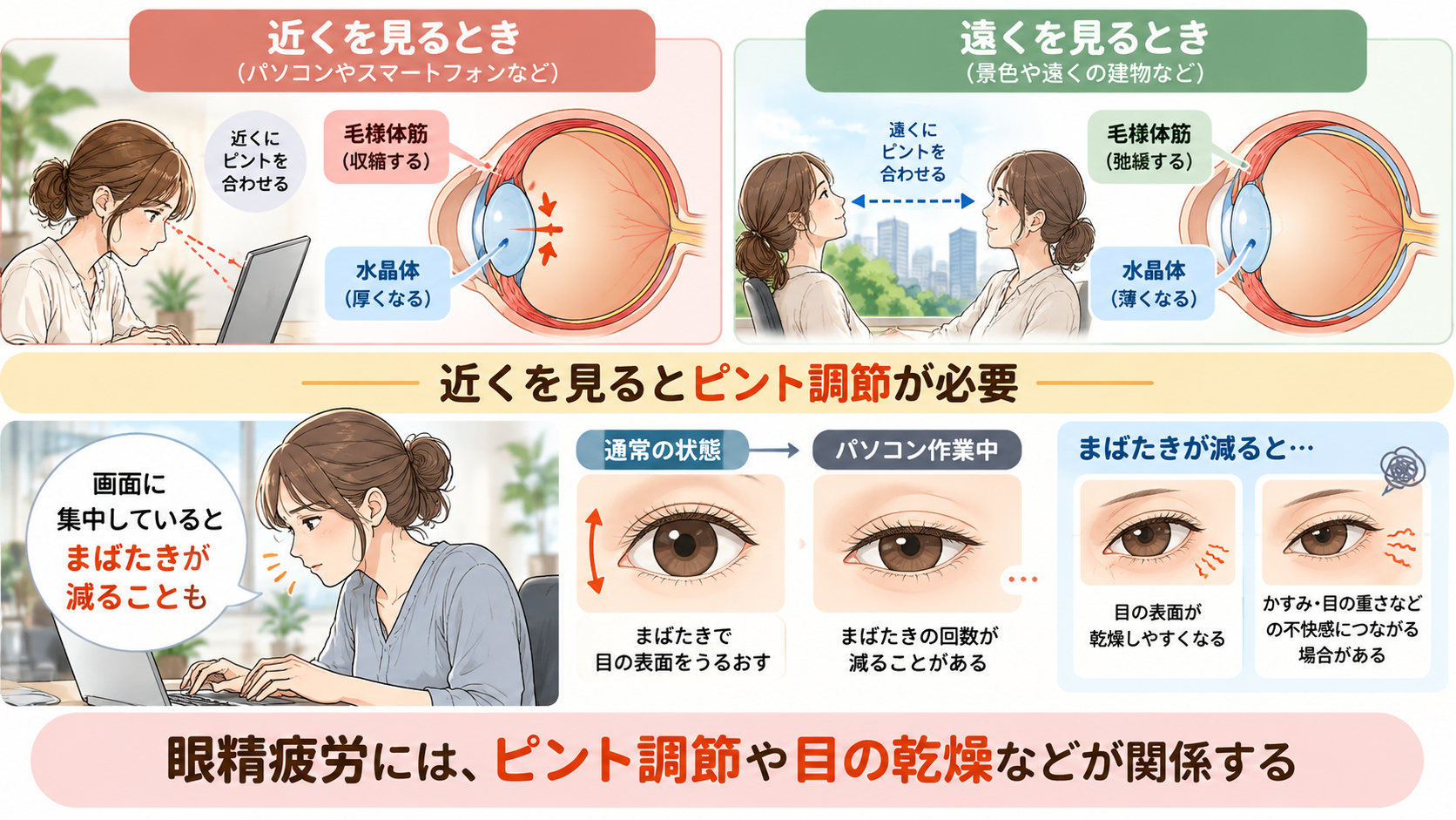近くと遠くを見るときの毛様体筋と水晶体の変化、パソコン作業中のまばたきの減少を説明した眼精疲労のイラスト