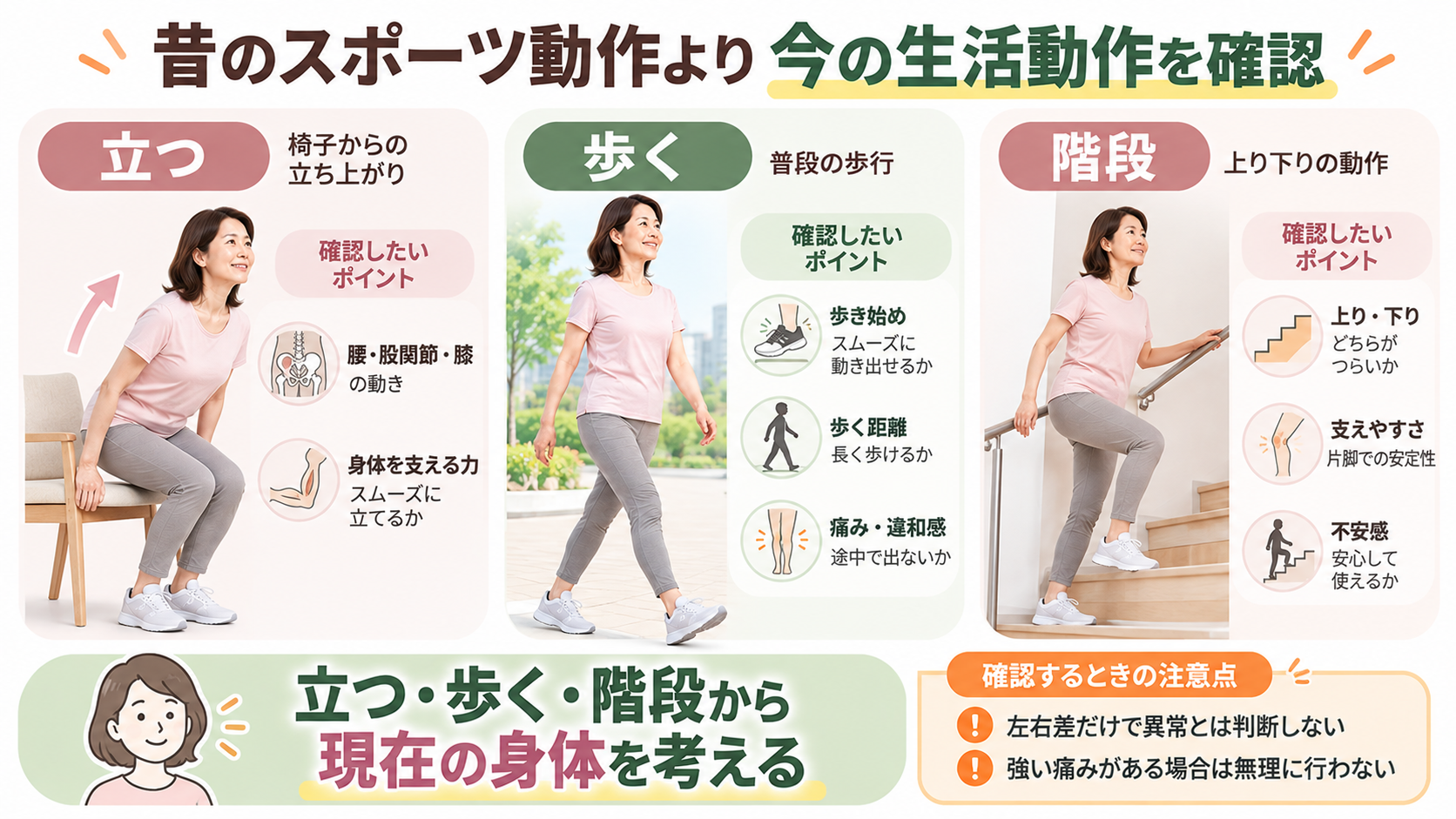 40〜50代女性の立ち上がり・歩行・階段動作から腰・股関節・膝など現在の身体機能を確認するイラスト