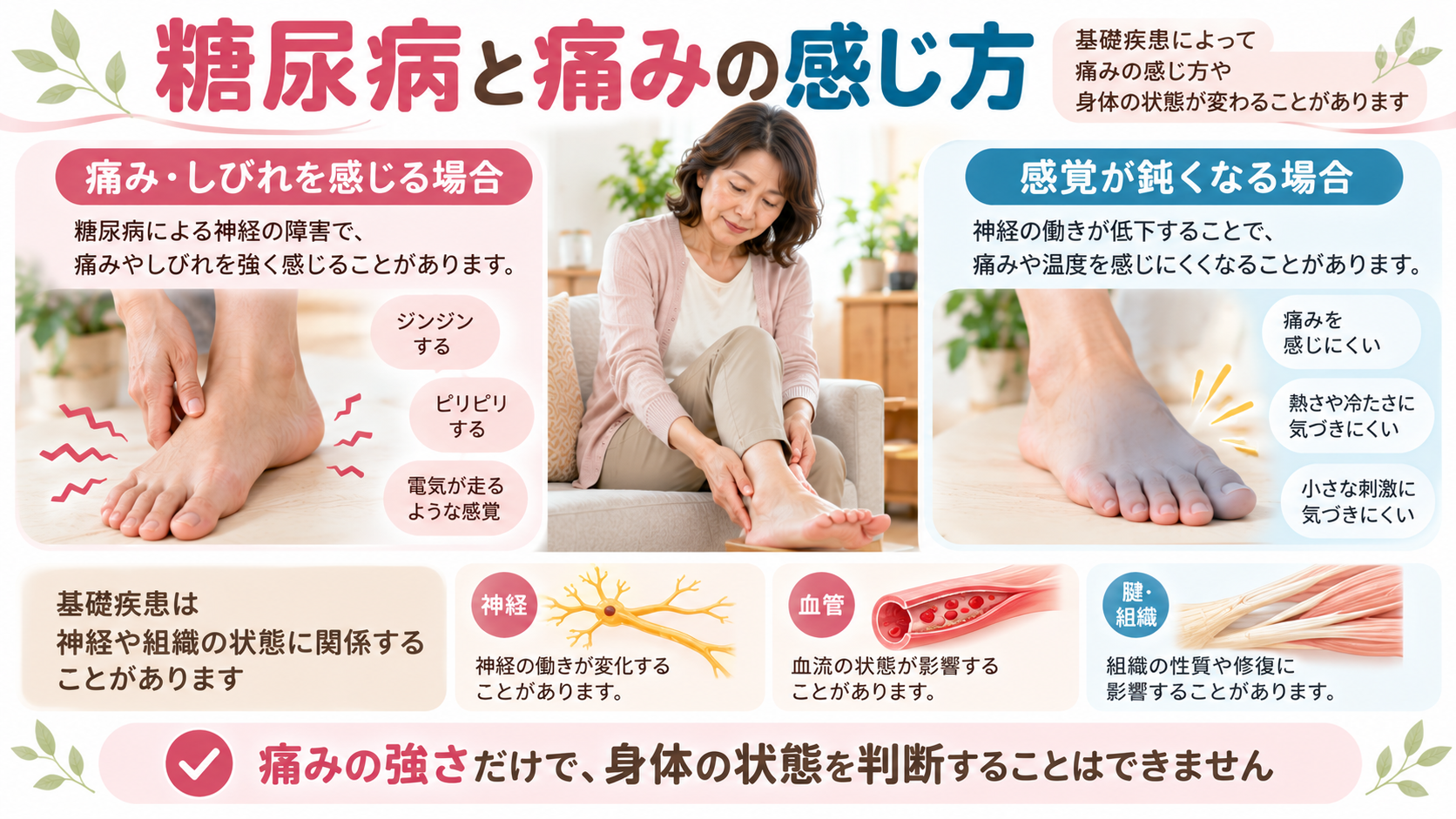 糖尿病による末梢神経障害で、足先に痛みやしびれを感じる場合と感覚が鈍くなる場合を比較したイラスト