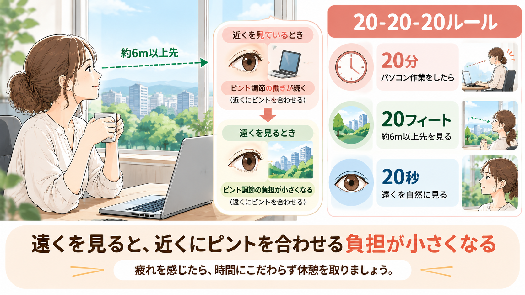 パソコン作業中の女性が窓の外を見て目を休める様子と、20分ごとに約6m以上先を20秒見る20-20-20ルールのイラスト