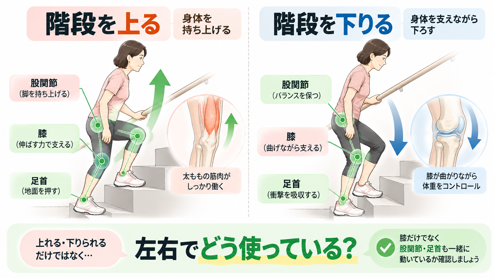 階段を上る動作と下りる動作で膝・股関節・足首の使い方を確認するイラスト