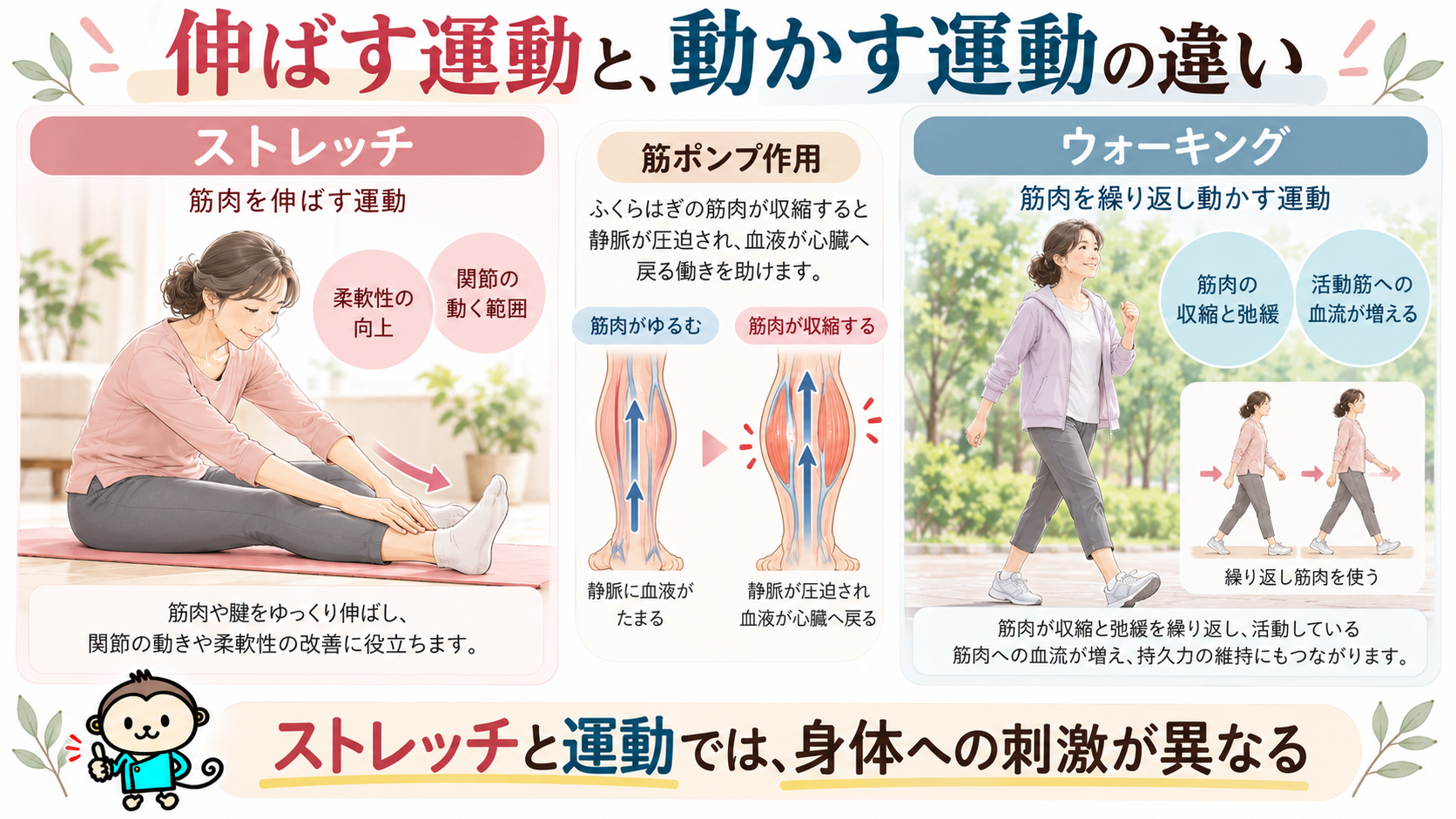 筋肉を伸ばすストレッチと、筋肉の収縮・弛緩を繰り返すウォーキングの違いを筋ポンプ作用とともに説明したイラスト