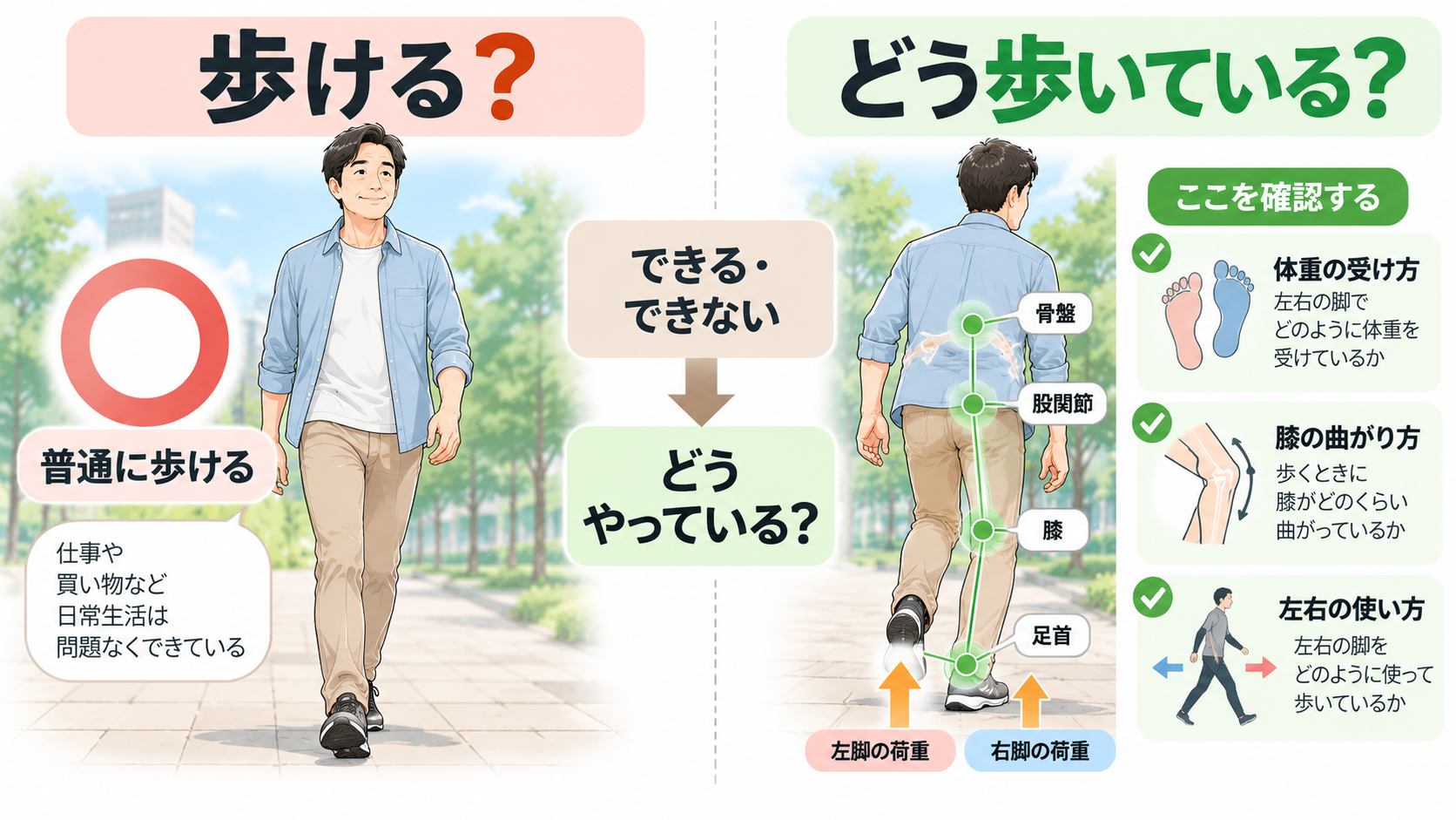 普通に歩けるかだけでなく体重の受け方や膝の曲がり方、左右の使い方を確認するイラスト
