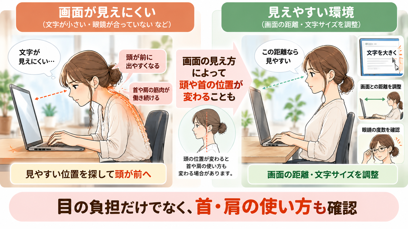 パソコン画面が見えにくく顔を前に近づける女性と、画面環境を調整して自然な姿勢で作業する女性の比較イラスト