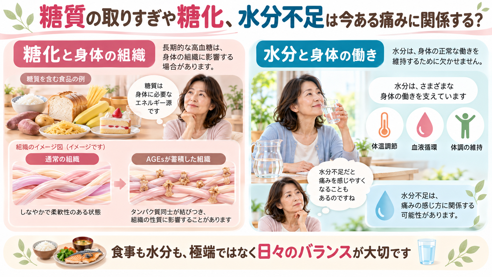 糖化によるコラーゲンの変化を示す模式図と、水分補給が身体の働きに関係する様子を比較したイラスト