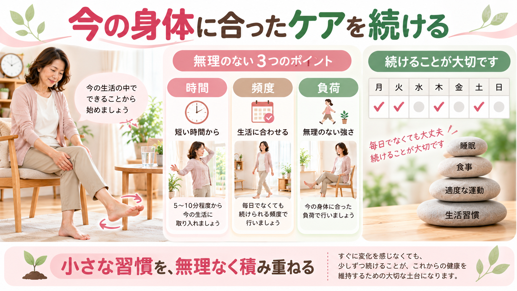 椅子に座って足首を動かす女性と、時間・頻度・負荷を調整しながらセルフケアを続ける方法を示したイラスト