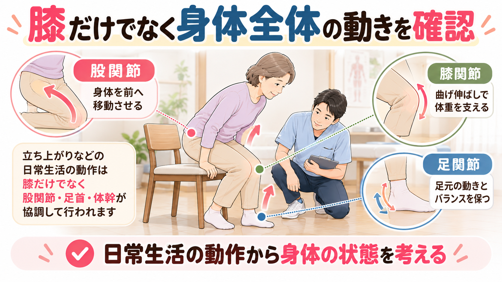 大分駅前整体院で60代女性の椅子からの立ち上がり動作を確認するイラスト。股関節、膝関節、足首の動きと身体全体の連動を説明