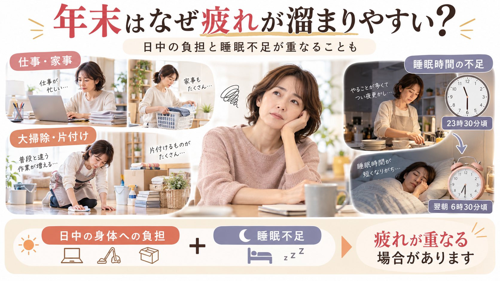 年末の仕事や家事、大掃除による身体への負担と睡眠不足が重なり、疲れを感じる女性のイラスト