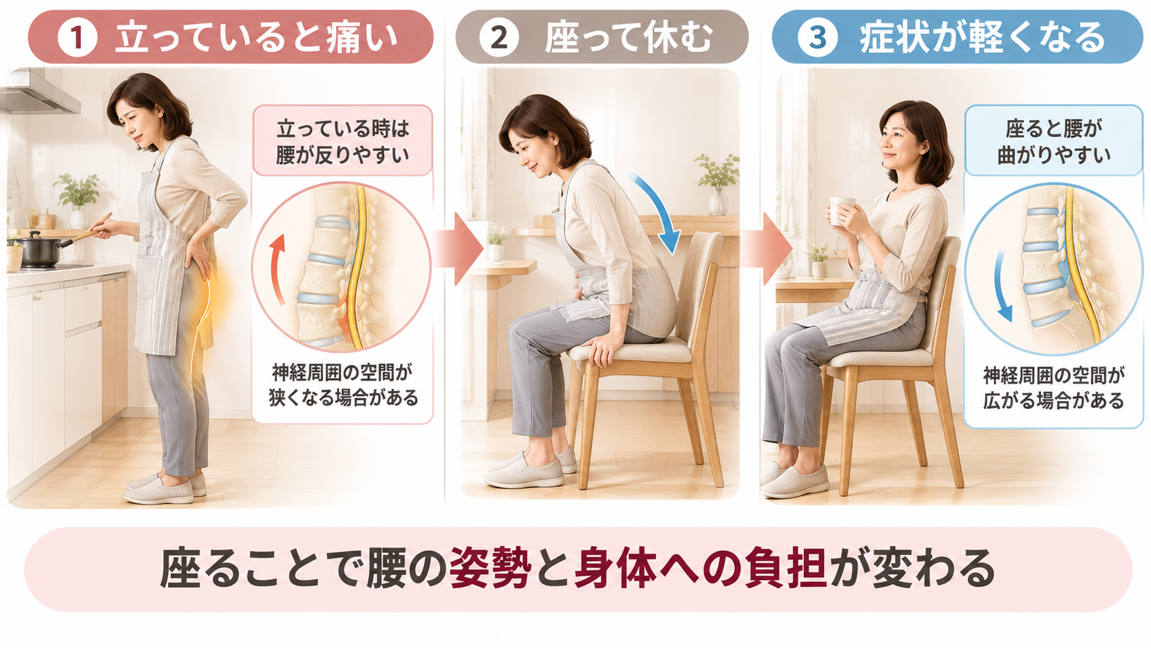 台所で立っているとお尻や足が痛くなり、椅子に座って休むことで症状が軽くなる50代女性の3コマイラスト