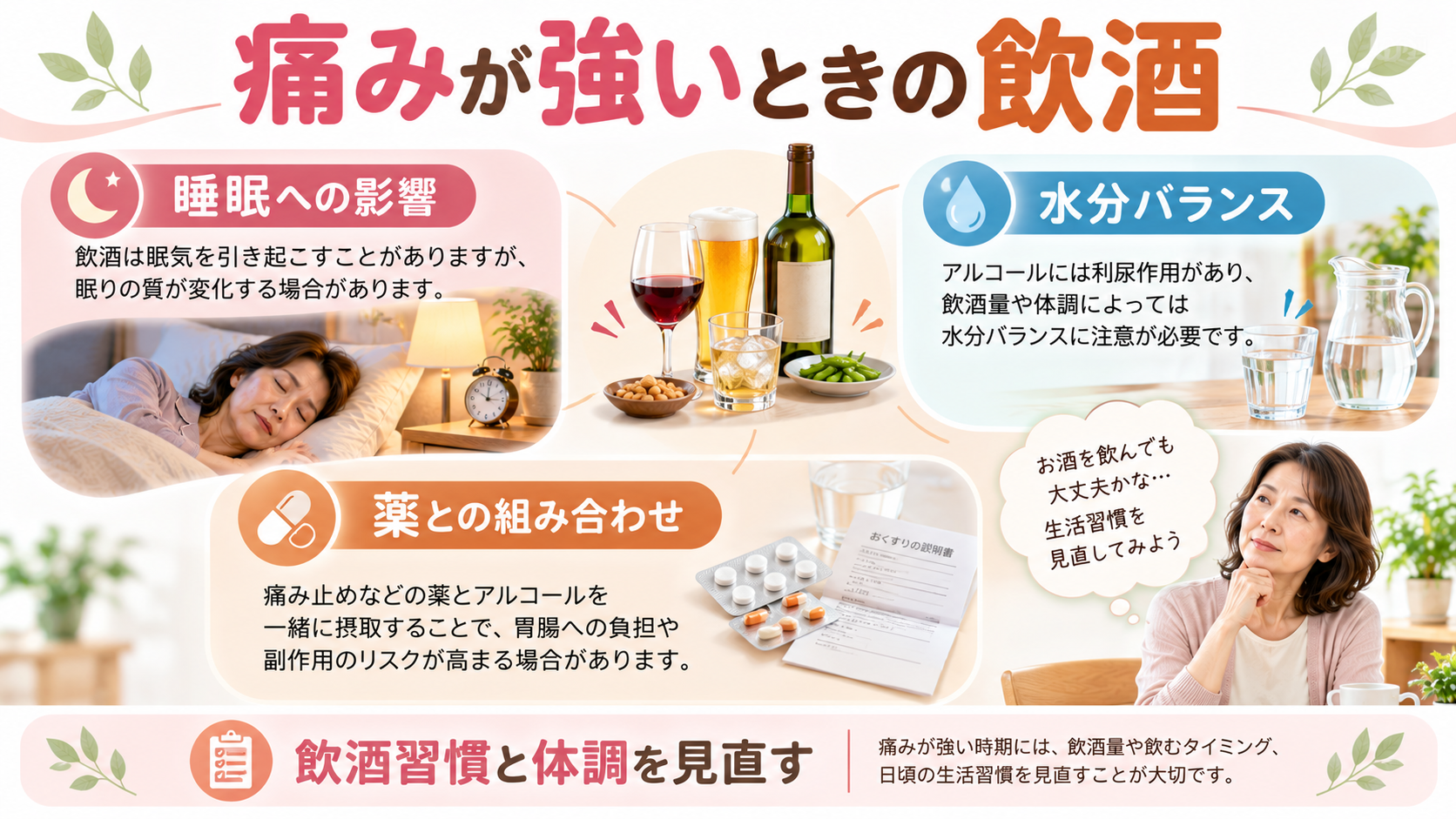 痛みが強いときの飲酒について、睡眠・水分バランス・痛み止めとの組み合わせを示したイラスト