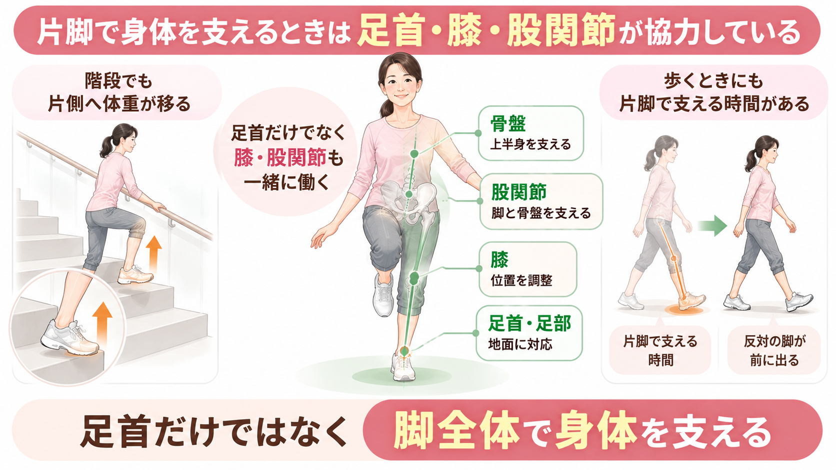 片脚で身体を支えるときに足首・膝・股関節・骨盤が協力し、歩行や階段でも片脚支持が必要になる図