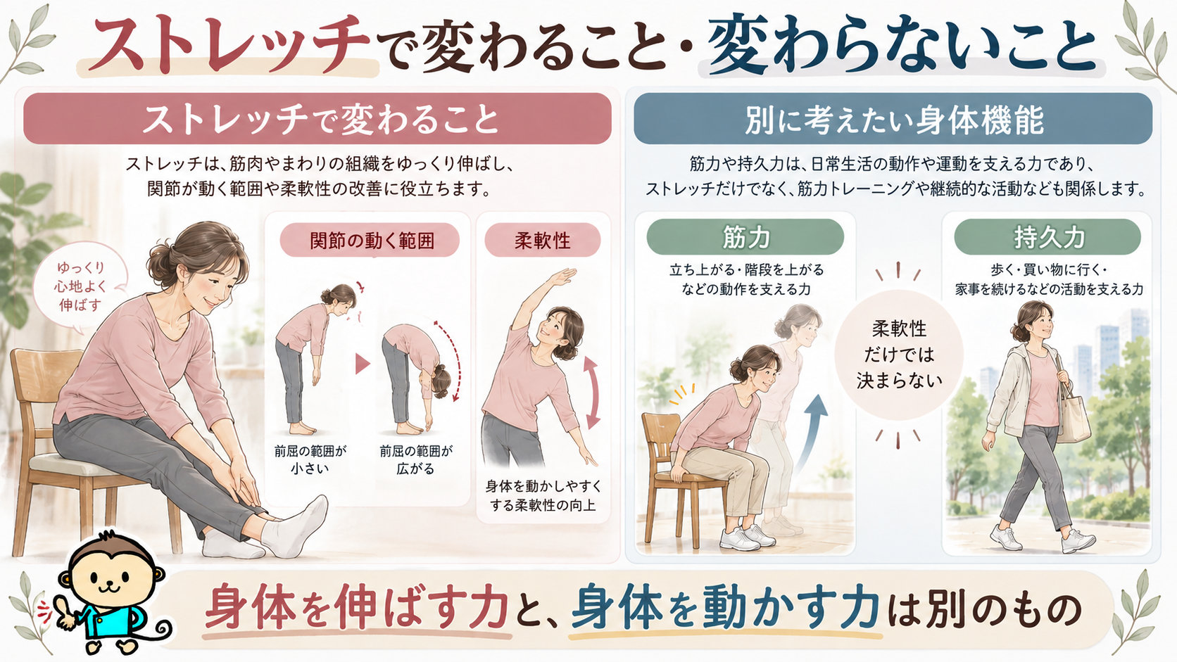 ストレッチによる柔軟性や関節可動域の変化と、立ち上がりや歩行に必要な筋力・持久力の違いを比較したイラスト