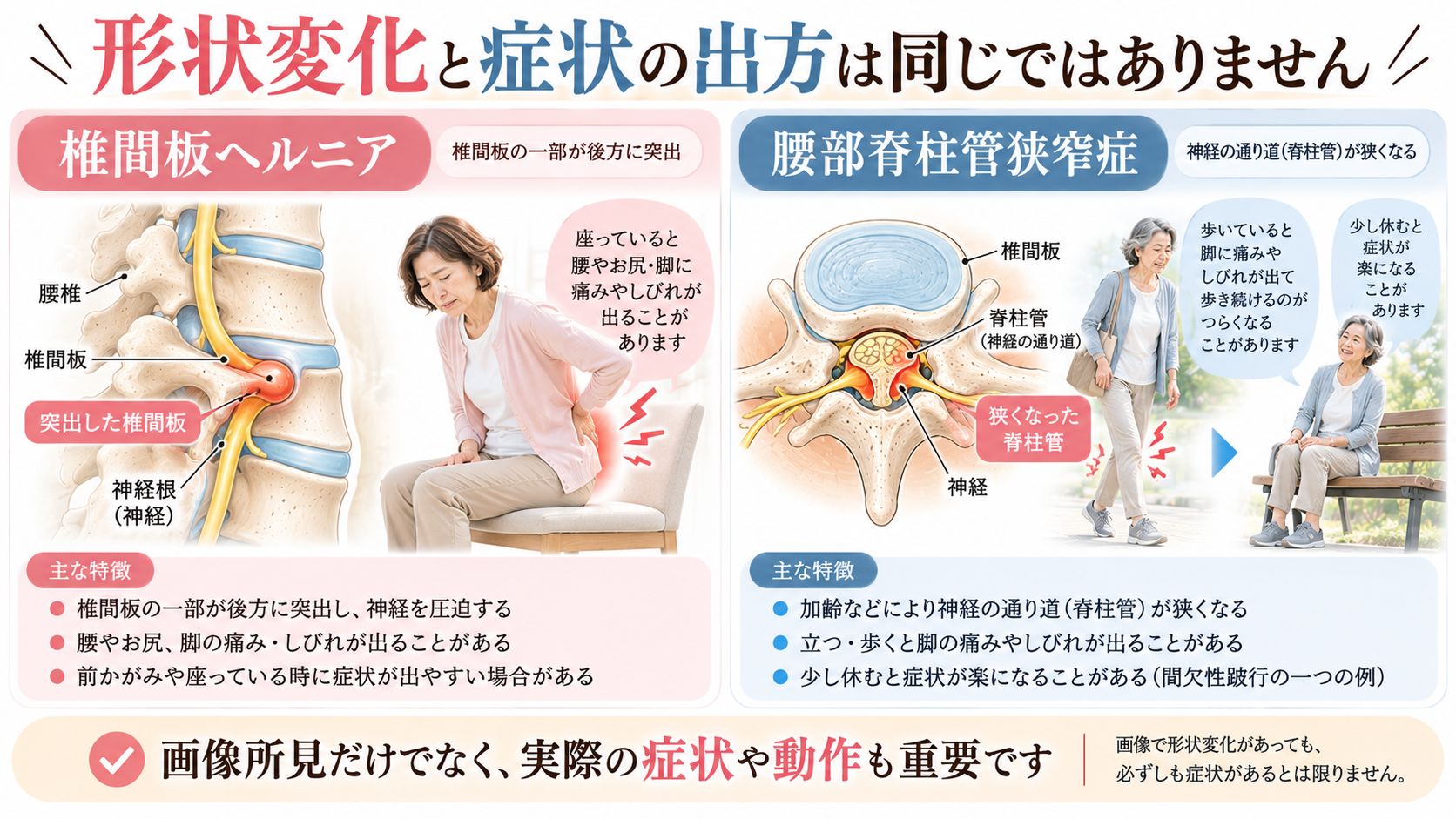 腰椎椎間板ヘルニアによる椎間板の突出と、腰部脊柱管狭窄症による神経の通り道の狭小化を比較したイラスト