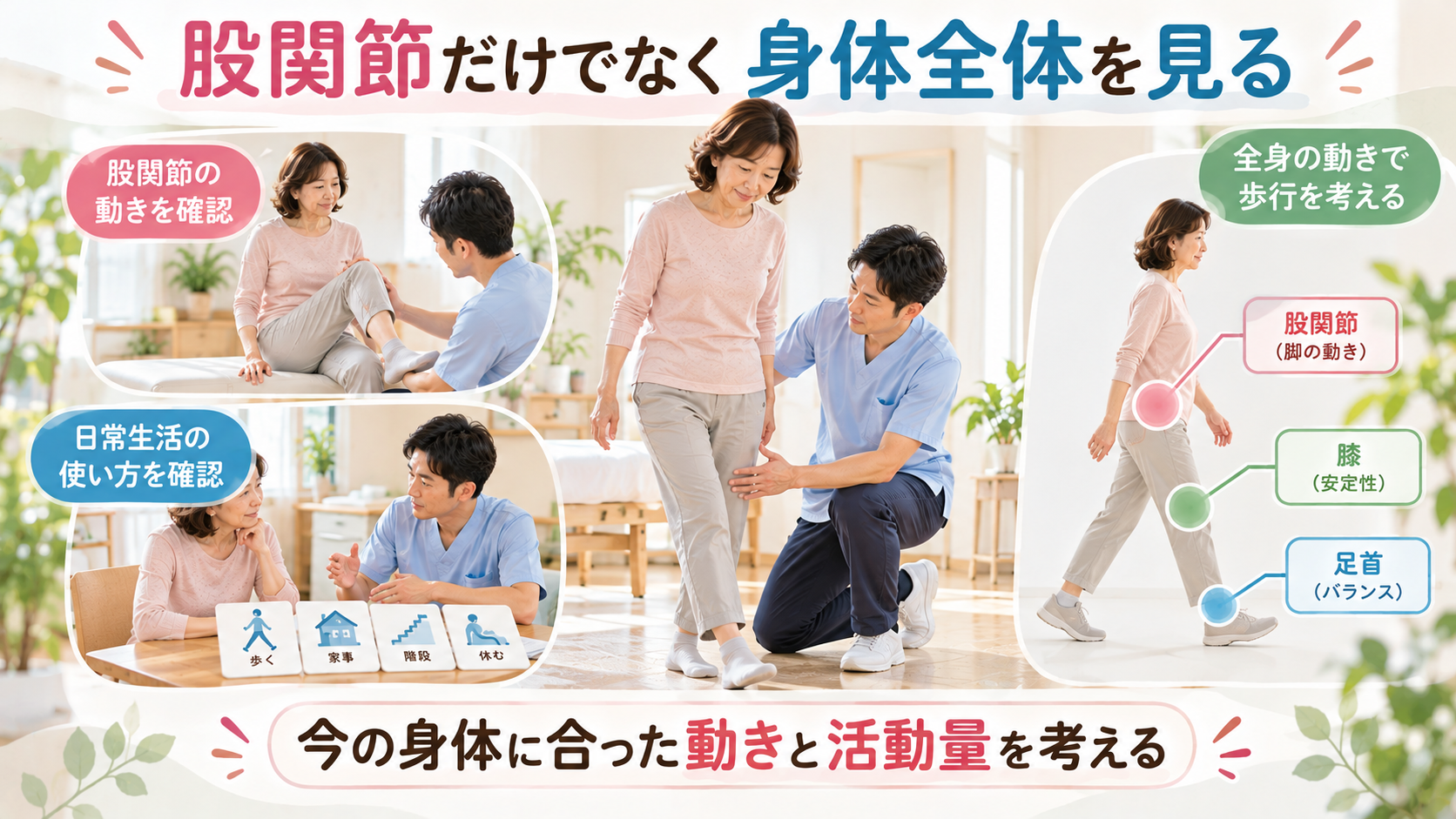 大分駅前整体院で変形性股関節症の女性の立ち姿勢や股関節・膝・足首の動きを施術者が確認する様子