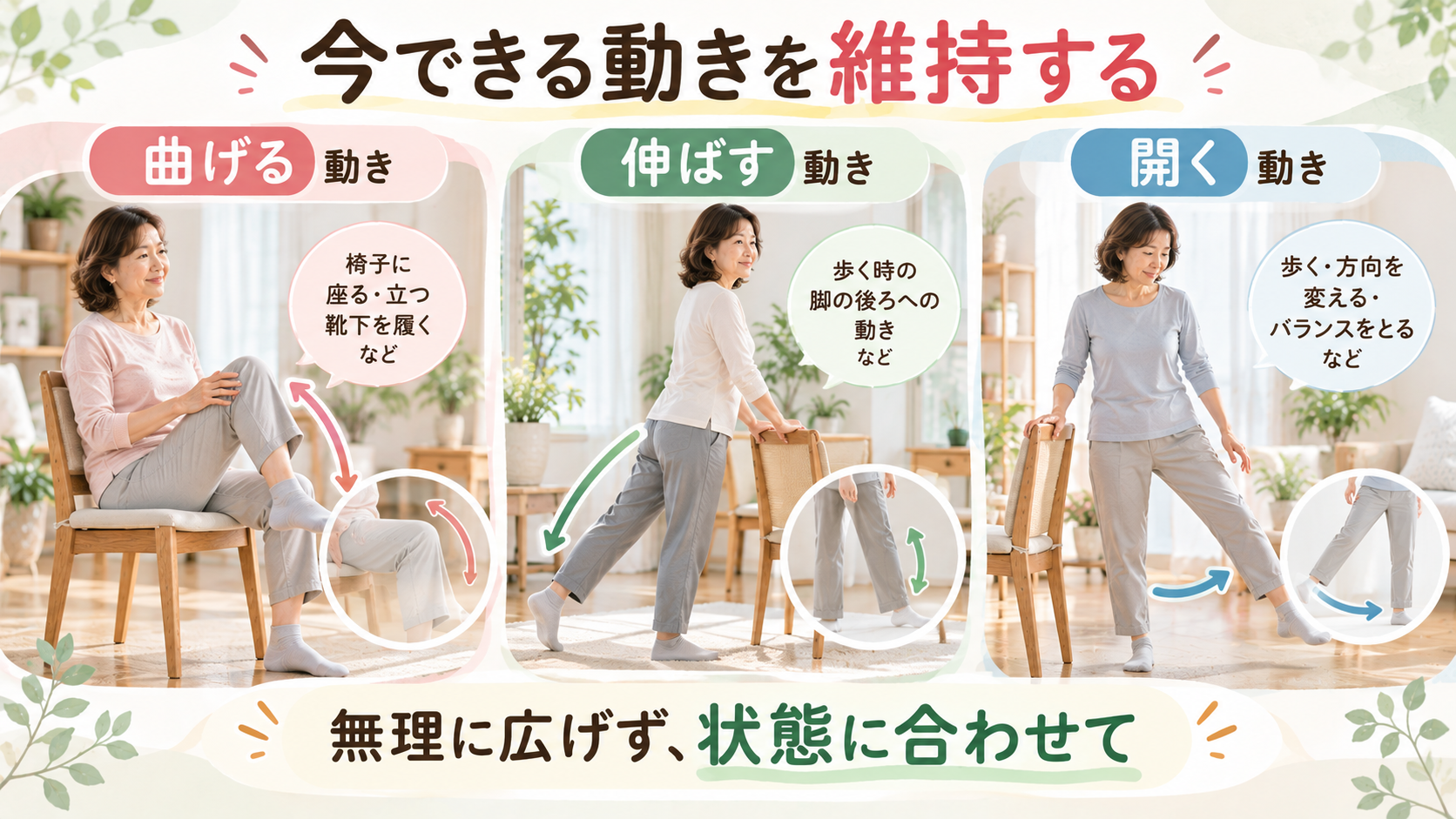 変形性股関節症で維持したい股関節の曲げる・伸ばす・開く動きを、椅子を使って無理なく確認する女性のイラスト