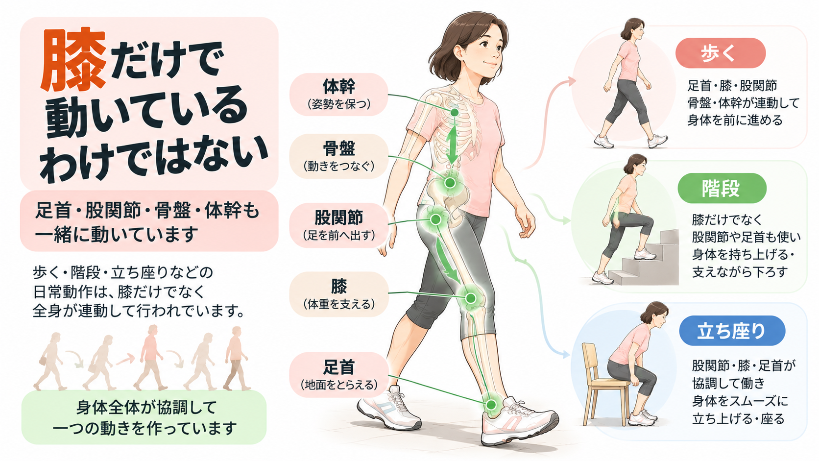 歩行や階段、立ち座りで足首・膝・股関節・骨盤・体幹が連動することを示すイラスト