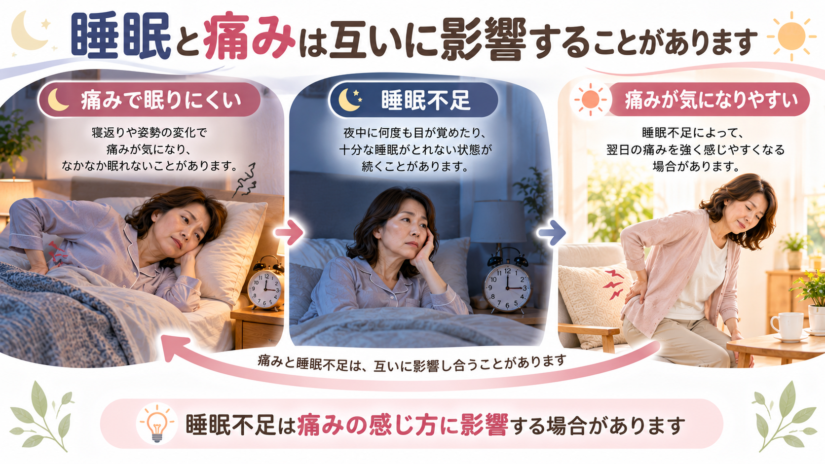 痛みで眠りにくくなり、睡眠不足によって翌日の痛みが気になりやすくなる様子を示したイラスト