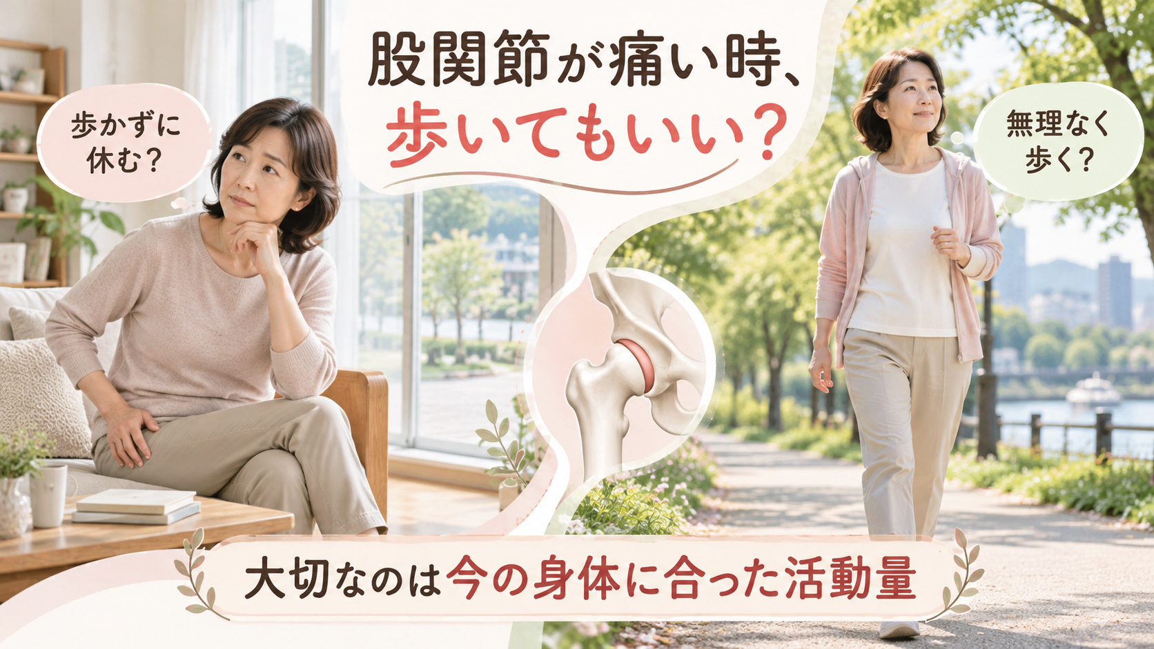 変形性股関節症で歩くべきか悩む女性と、無理のない歩幅で散歩する女性を比較したイラスト