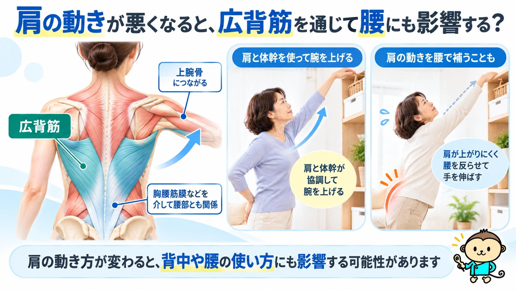 肩から背中・腰に広がる広背筋の位置と、肩が上がりにくいときに腰を反らせて腕を伸ばす動作の比較イラスト