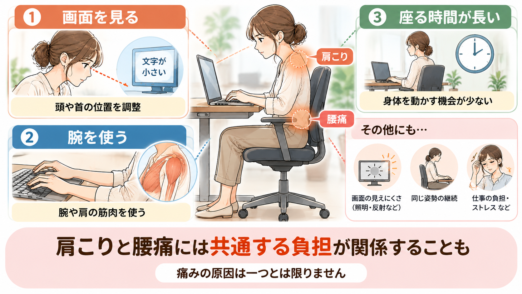 デスクワーク中の女性と、画面を見る動作・腕の使用・長時間の座位という肩こりや腰痛に関係する負担を示したイラスト