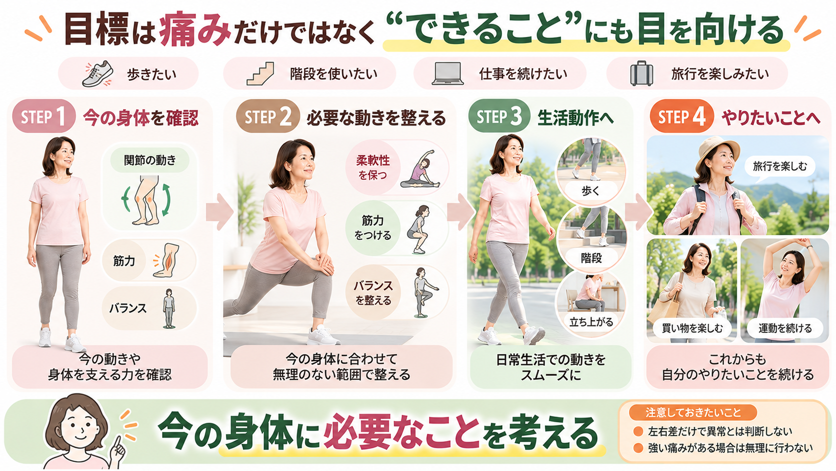 現在の身体を確認し、必要な動きを整え、歩行や階段から仕事・旅行などやりたい生活につなげる40〜50代女性のイラスト