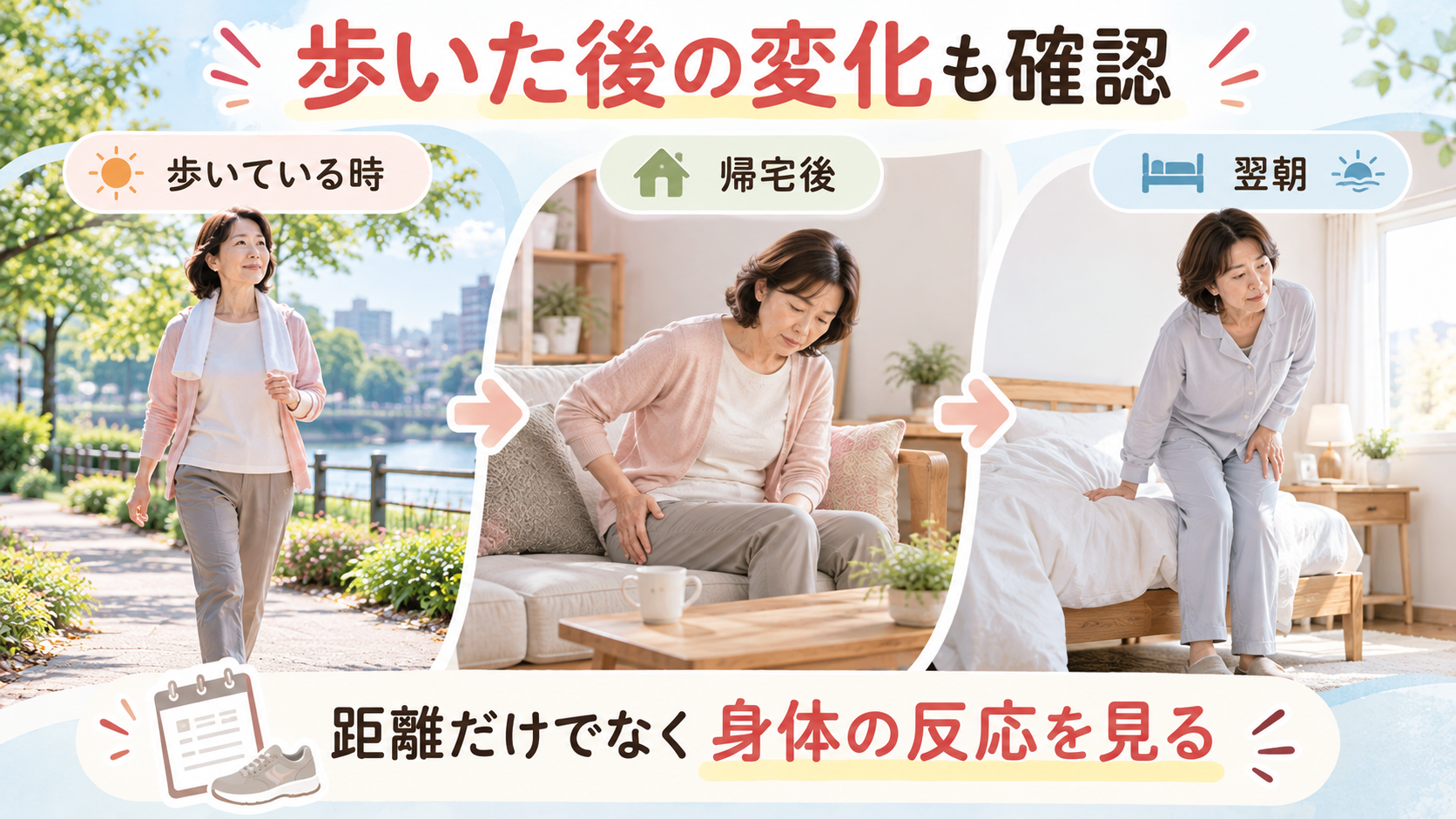 変形性股関節症の女性がウォーキング中・帰宅後・翌朝の股関節の痛みや身体の変化を確認するイラスト