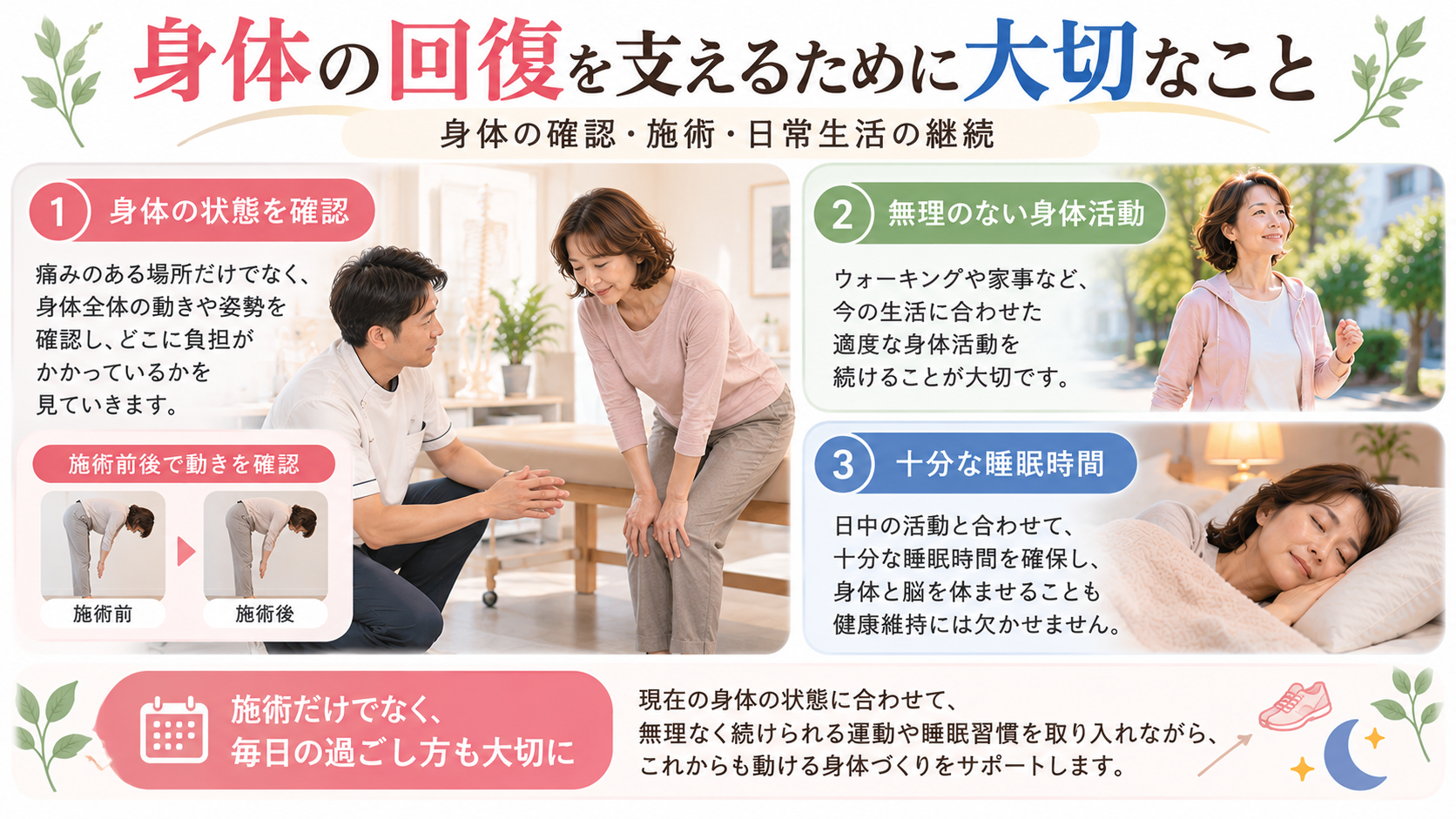 大分駅前整体院での身体の動きの確認と、日中の身体活動や十分な睡眠を大切にする考え方を示した画像