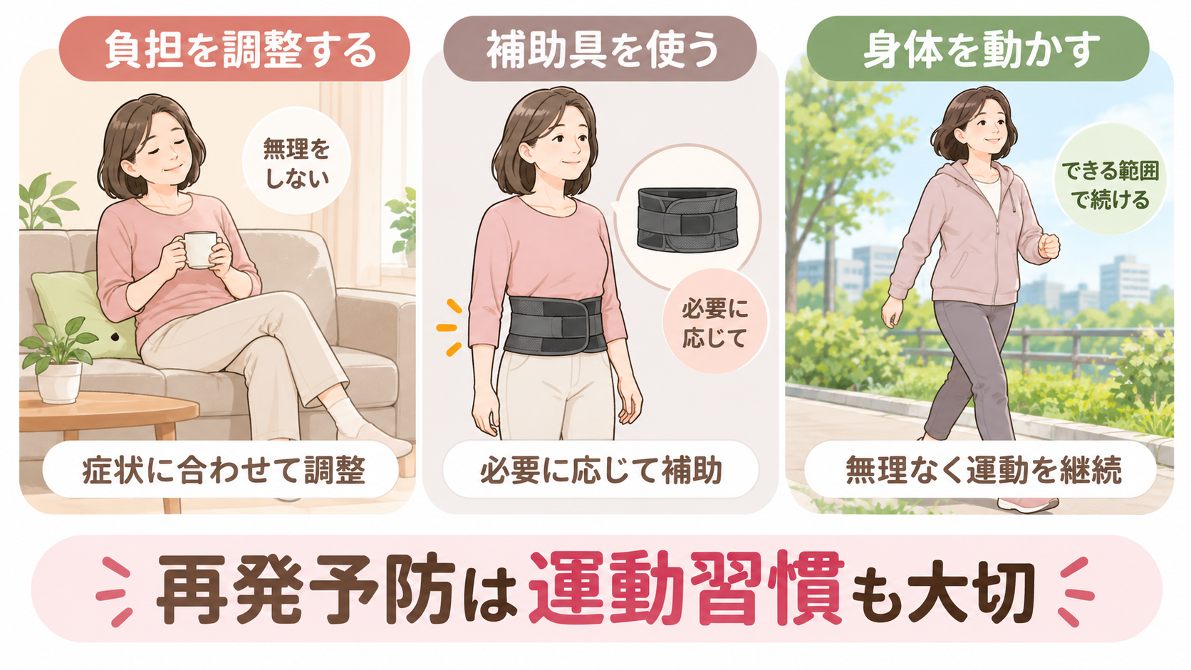 腰痛時の負担調整、コルセットによる補助、ウォーキングによる運動習慣の3つの取り組みを示したイラスト