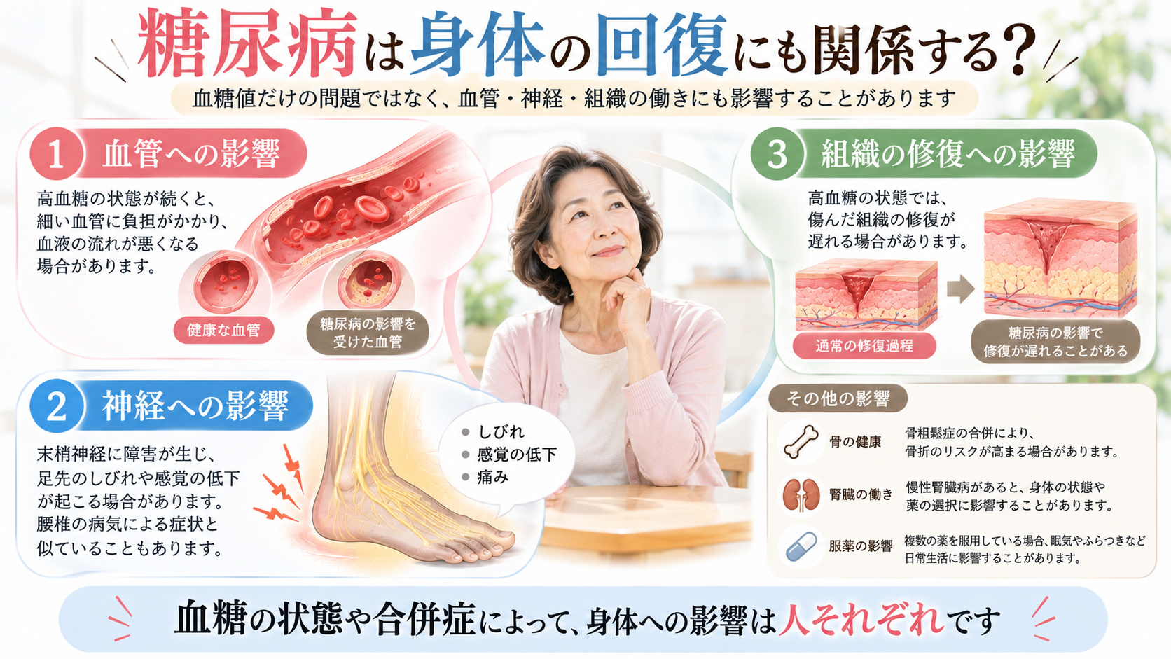 糖尿病が血管・末梢神経・組織の修復に与える可能性のある影響を、3つの視点から説明するイラスト
