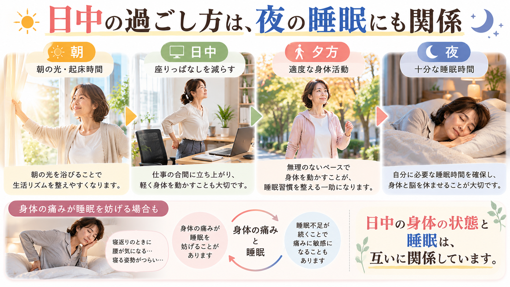 朝の光、日中の身体活動、夕方のウォーキング、夜の睡眠を1日の流れで示したイラスト
