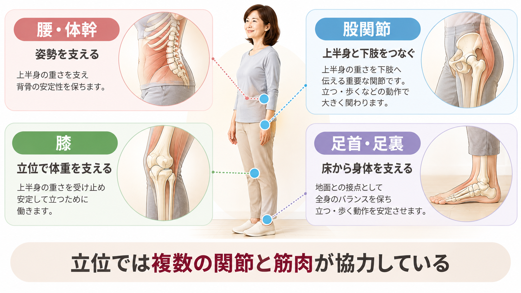 立っている女性を中心に、腰・体幹・股関節・膝・足首が協力して身体を支える働きを説明したイラスト